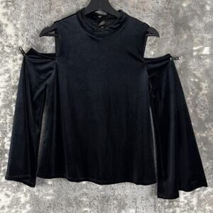 Moon River Size S Whimsigoth Velvet Cold Shoulder Crew Neck Blouse Tie Black